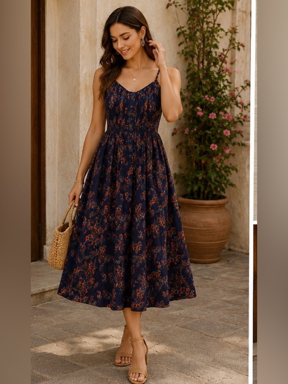 Artka Pintuck Bodice Navy Floral Midi Dress with Spaghetti Straps- Summer Dress